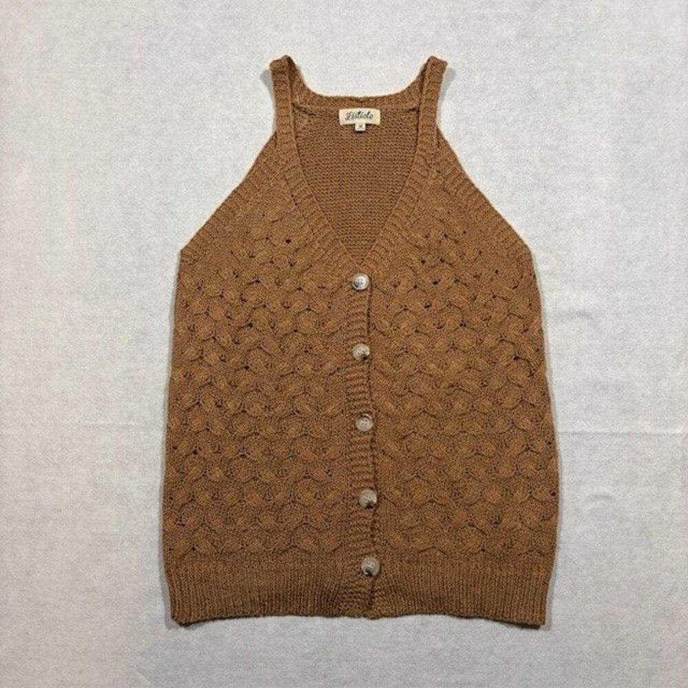 Listicle Womens Knit Sweater Vest Large Brown Button Front Boho Cottagecore Text